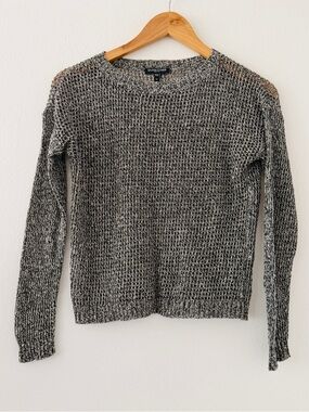 Eileen Fisher Open Weave Linen Wool Sweater Black & White Petite